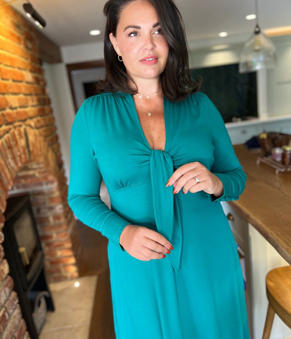 Emerald Green Tie Front Midi Dress