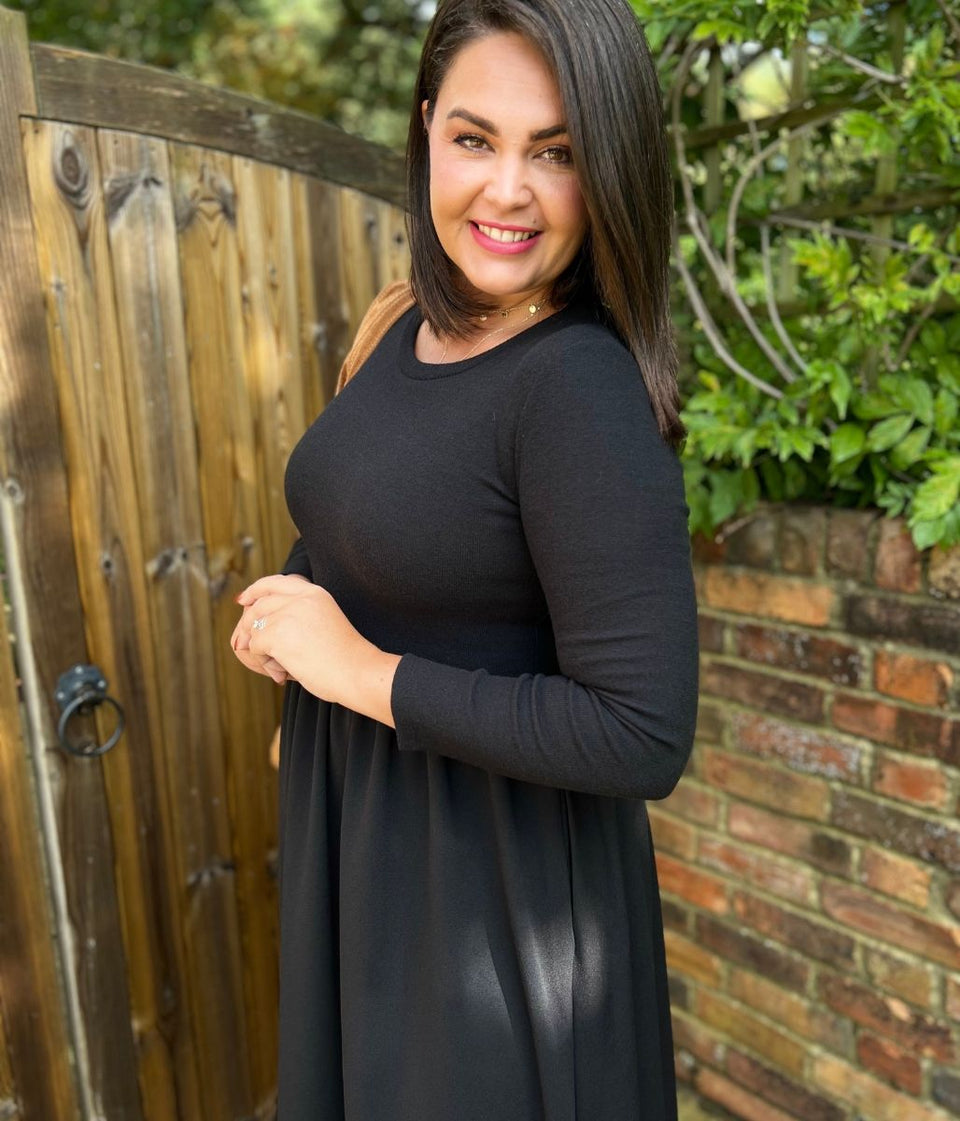 Black Knitted Bodice Midi Dress