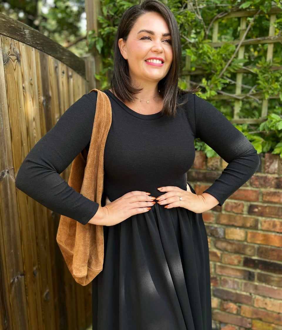 Black Knitted Bodice Midi Dress