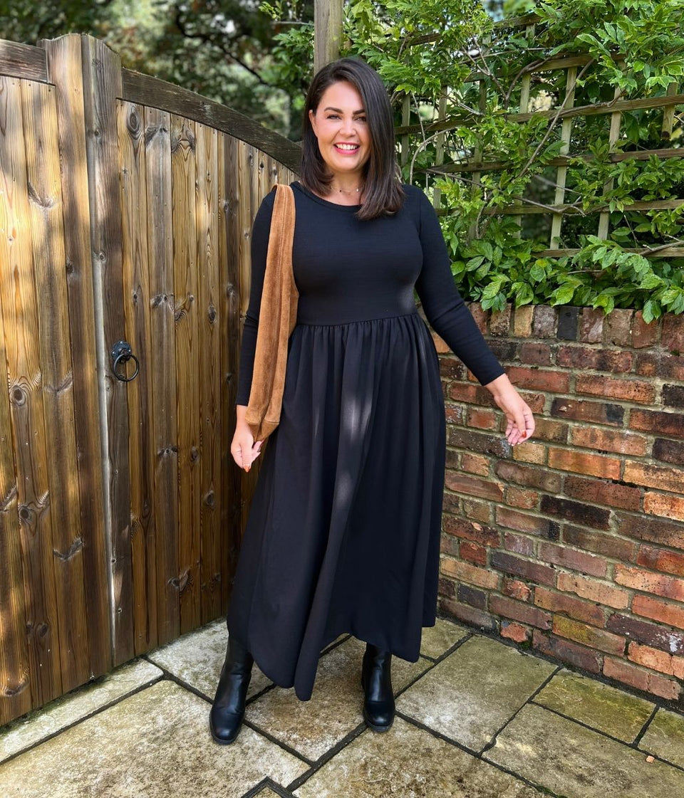 Black Knitted Bodice Midi Dress