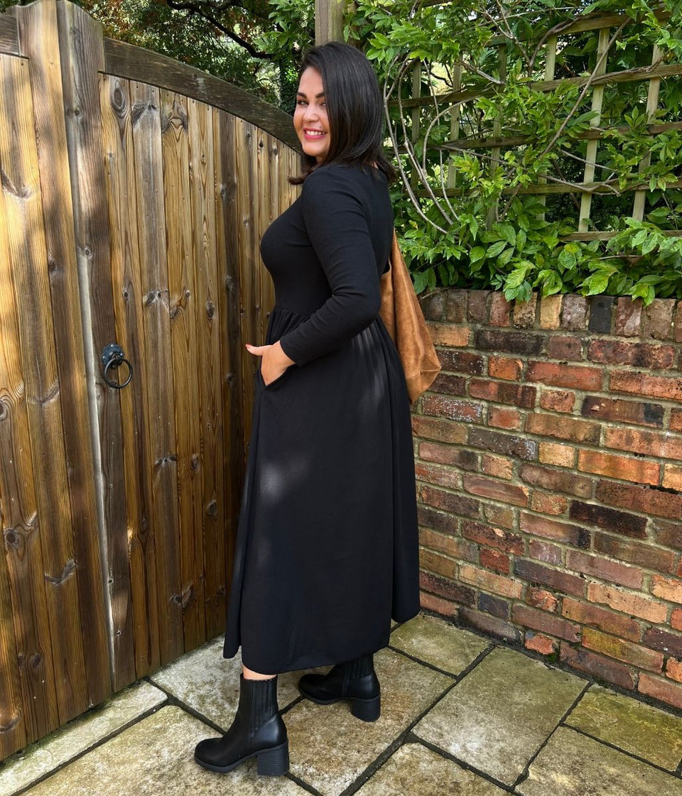 Black Knitted Bodice Midi Dress