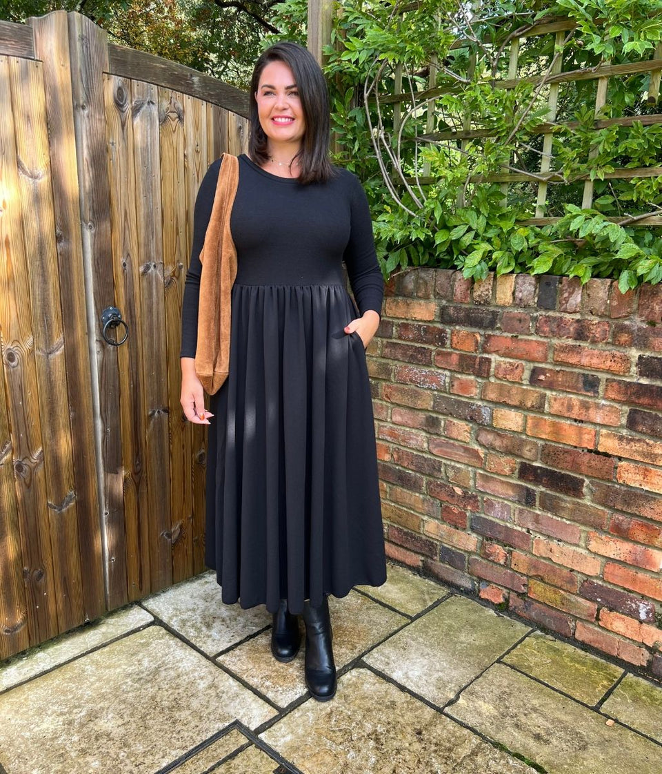 Black Knitted Bodice Midi Dress