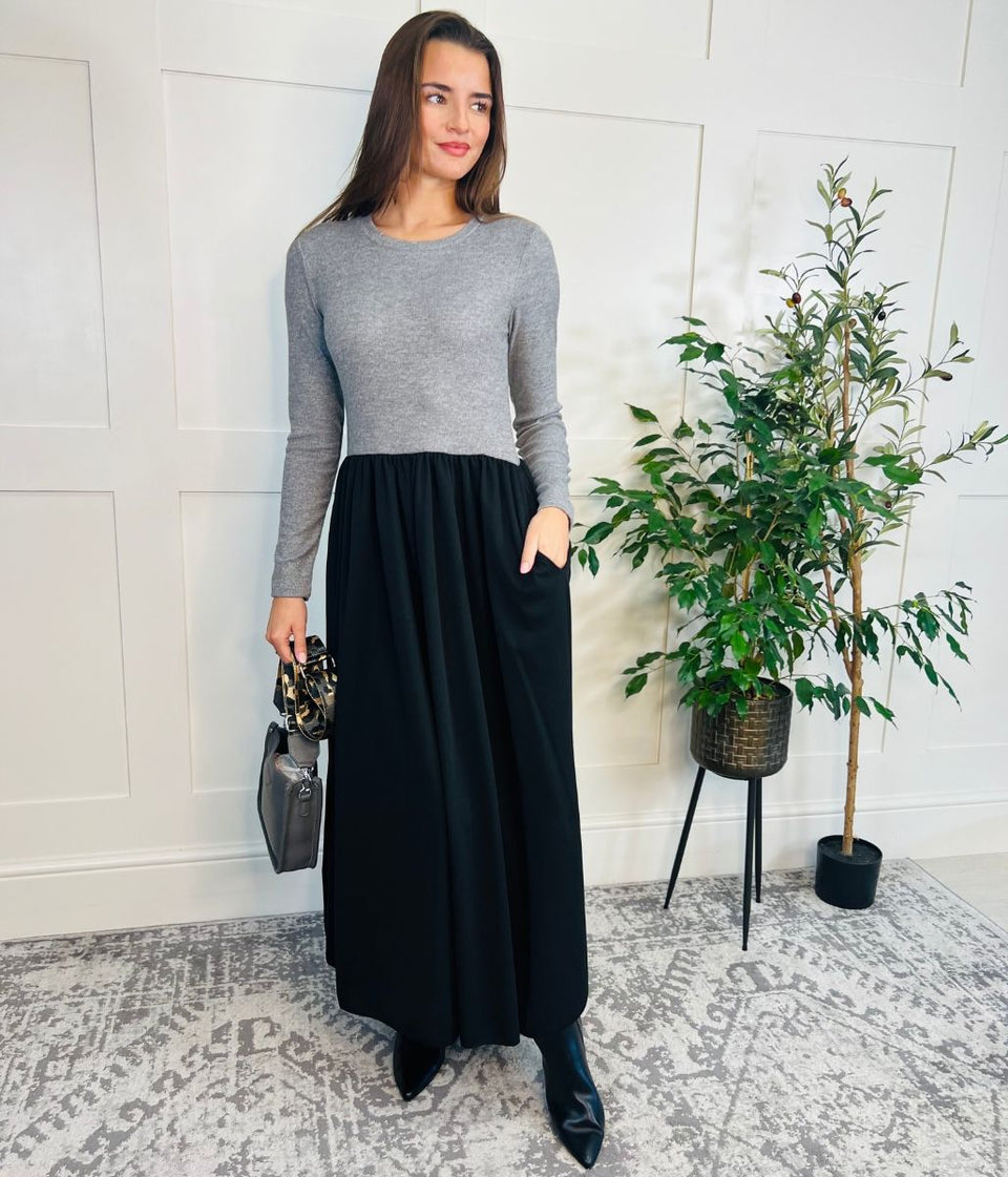 Grey Knitted Bodice Midi Dress