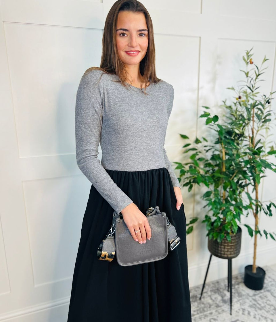 Grey Knitted Bodice Midi Dress