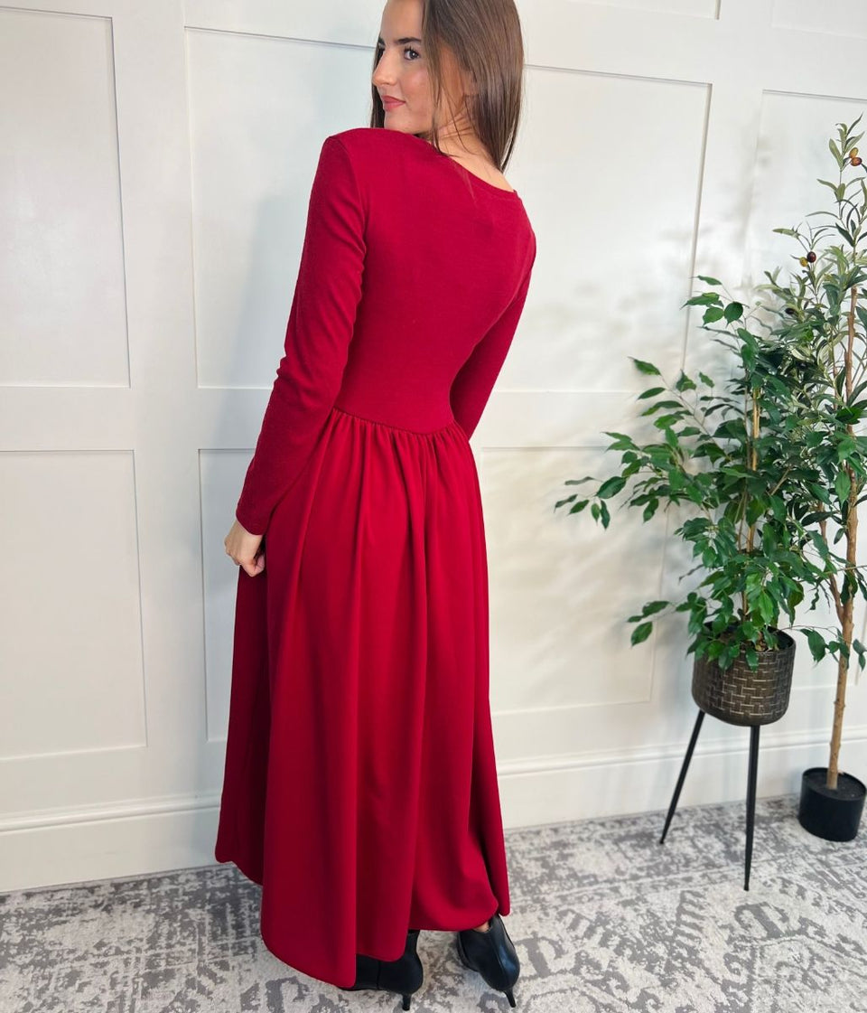 Red Knitted Bodice Midi Dress