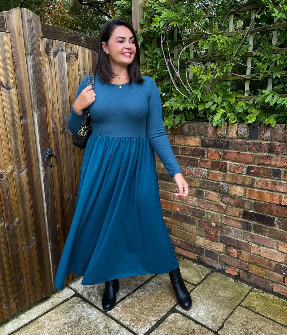 Teal Knitted Bodice Midi Dress