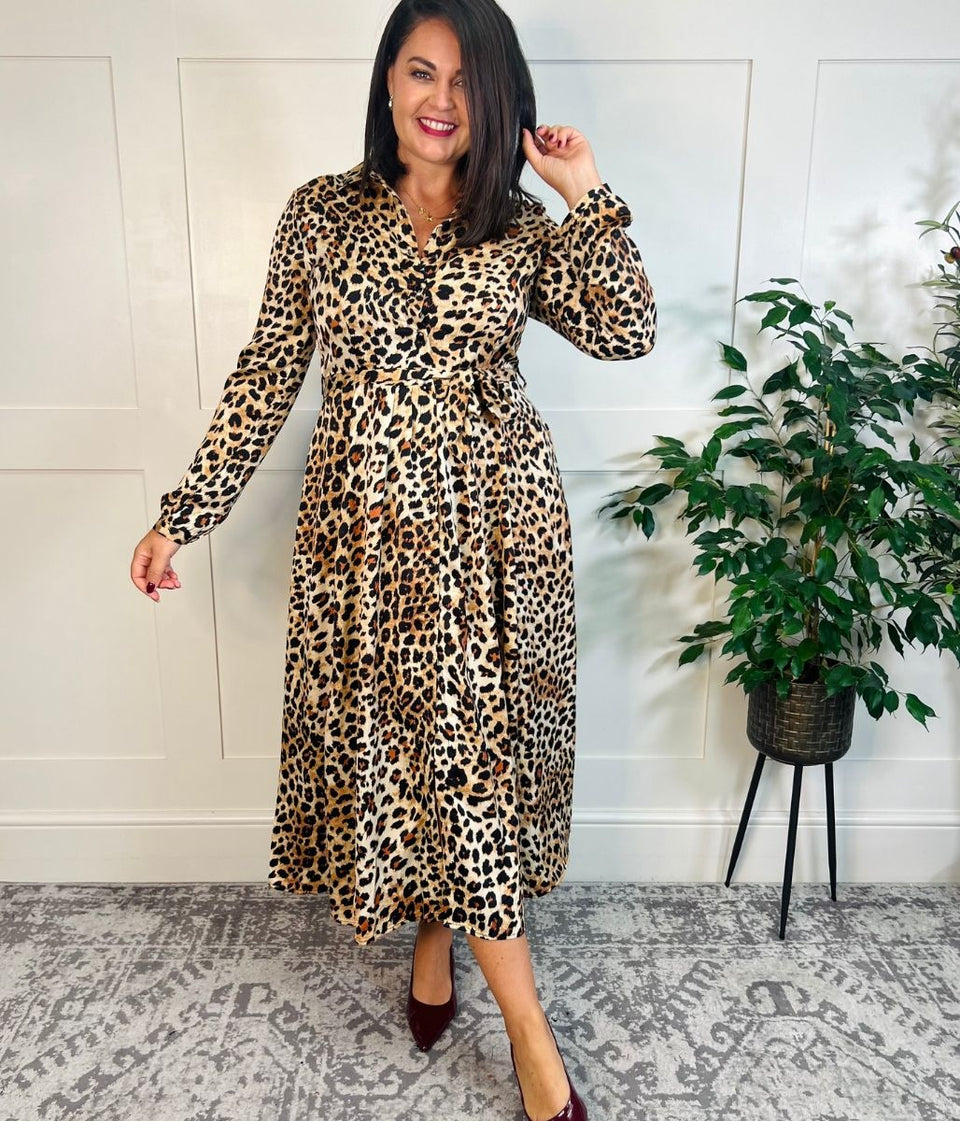 Lola Leopard Print Satin Shirt Dress