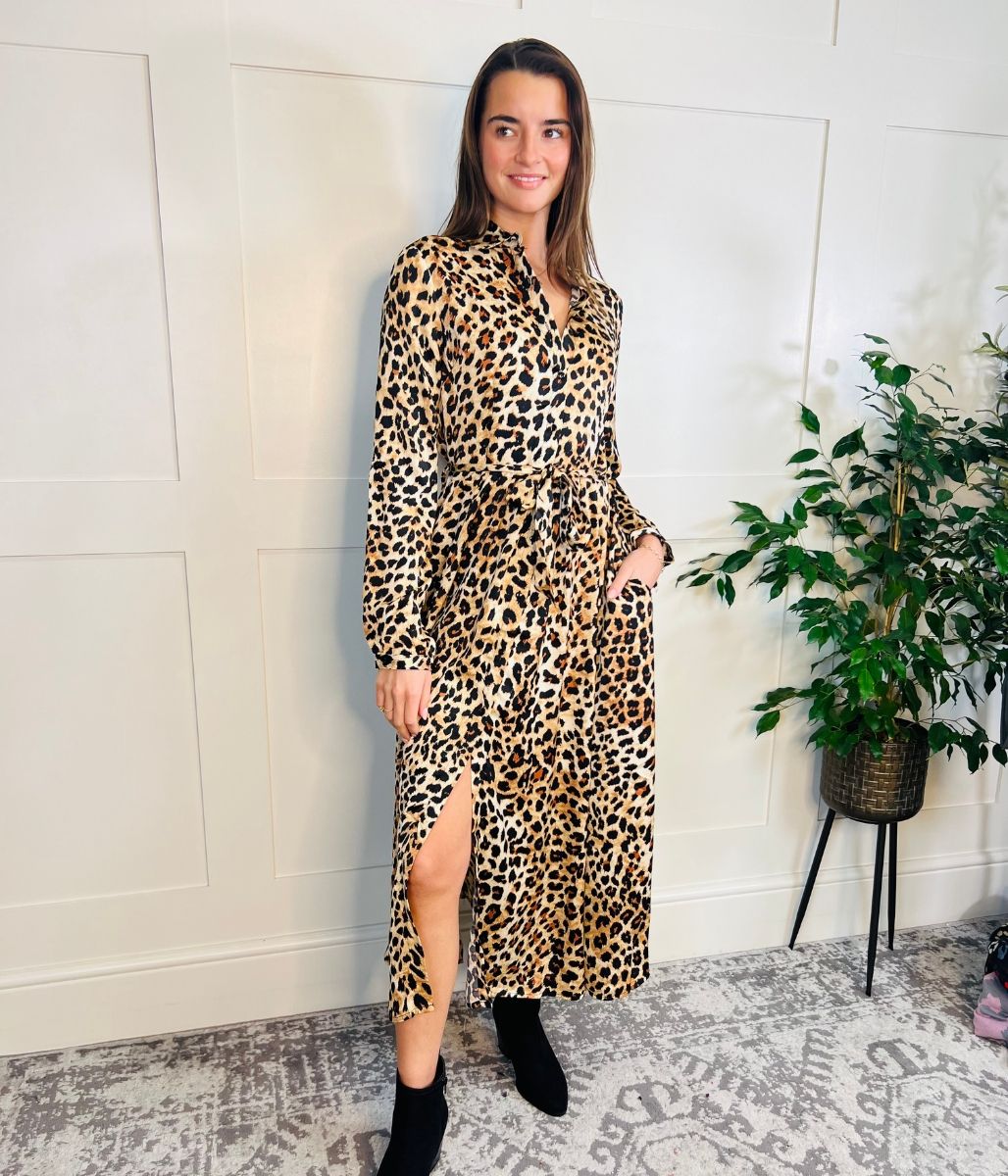 leopard satin shirt dress Animal print satin shirt dress Woman, Patterned