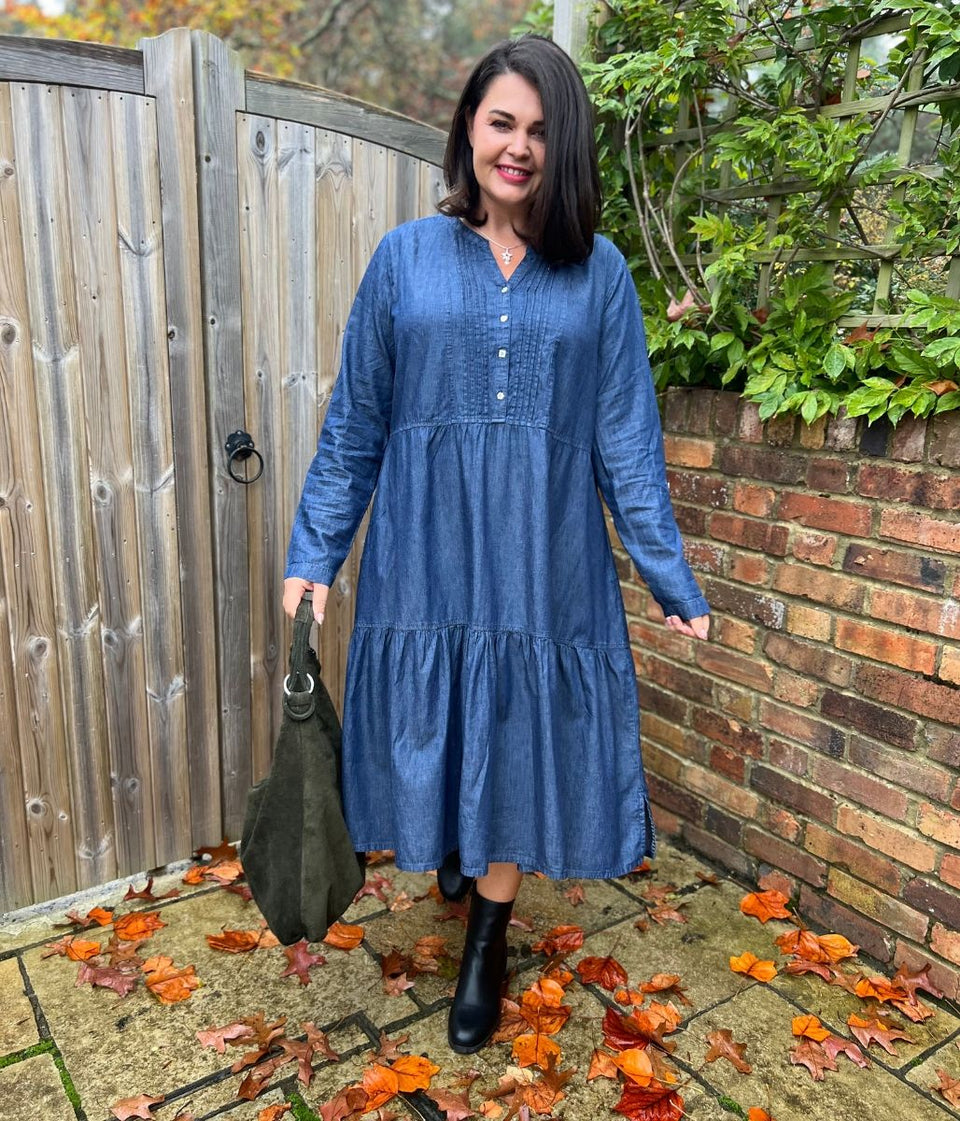 Chambray Tiered Midi Dress