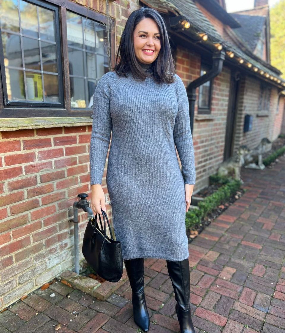 Grey Ribbed Knitted Funnel Neck Dress