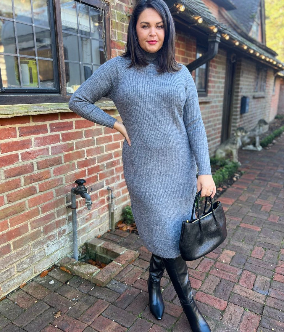 Grey Ribbed Knitted Funnel Neck Dress