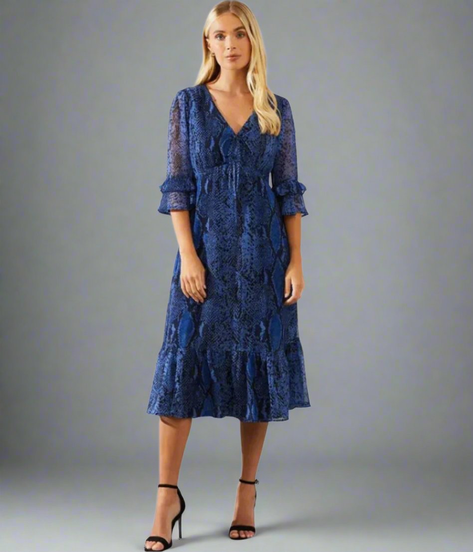 Blue Snake Print Midi Tea Dress