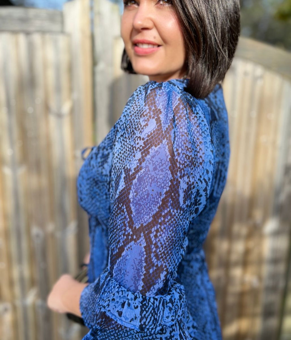 Blue Snake Print Midi Tea Dress