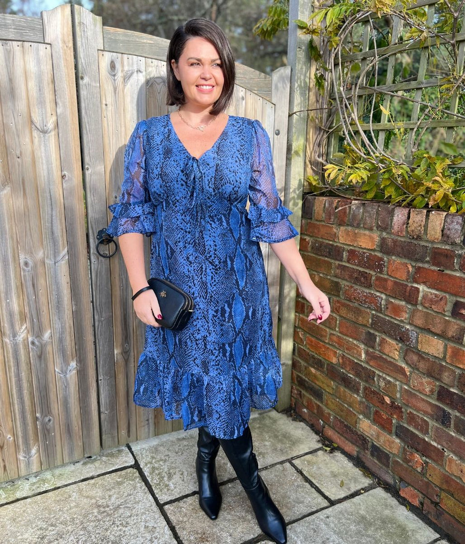 Blue Snake Print Midi Tea Dress