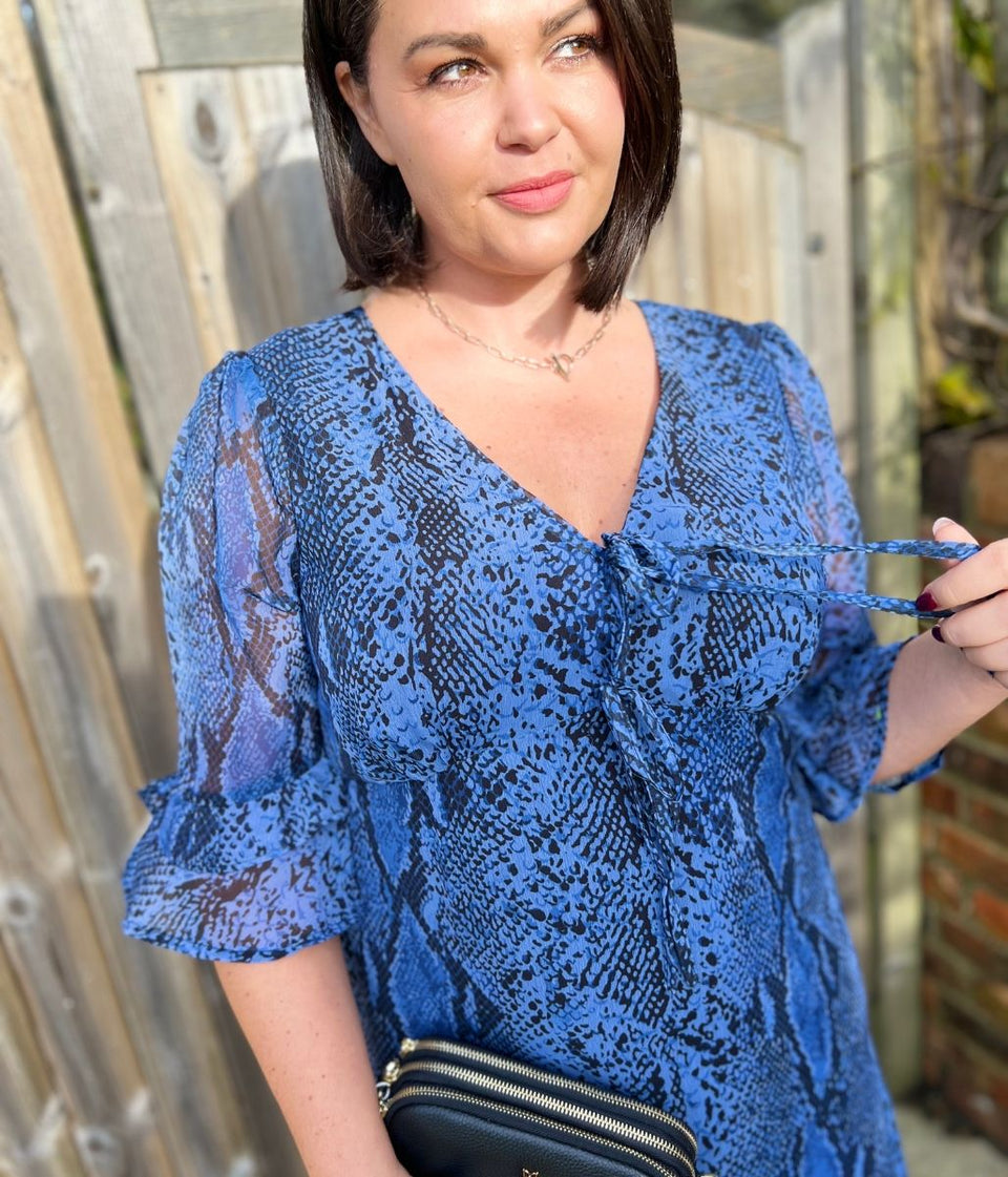 Blue Snake Print Midi Tea Dress