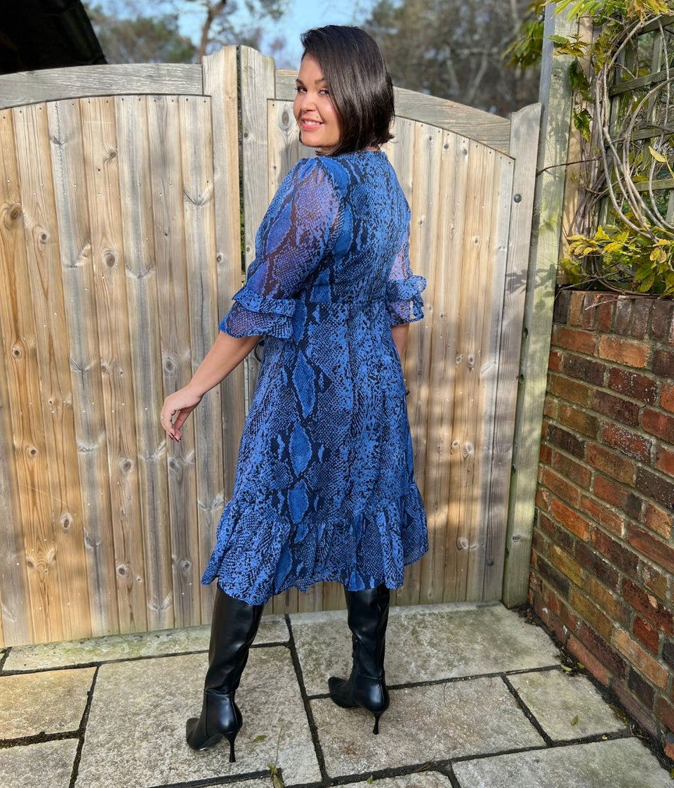 Blue Snake Print Midi Tea Dress