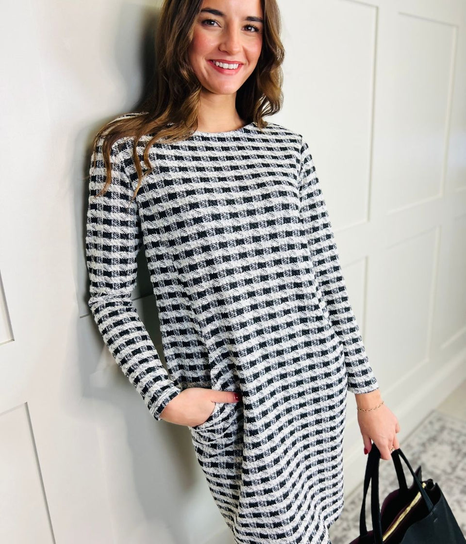 Black & White Check Metallic Shift Dress