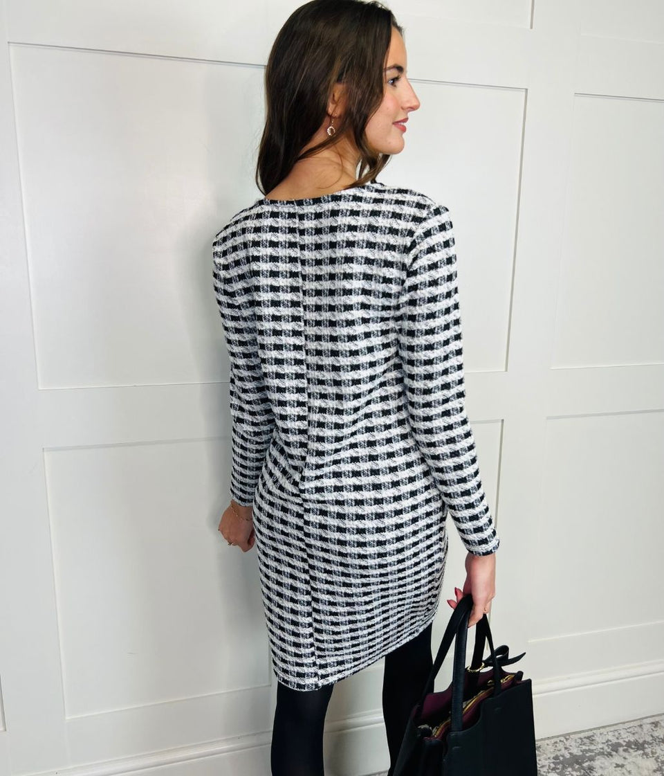 Black & White Check Metallic Shift Dress