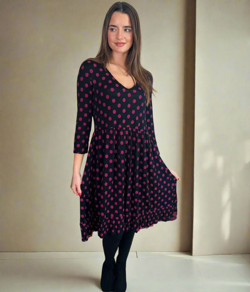 Black Spotted Frill Detail Dress