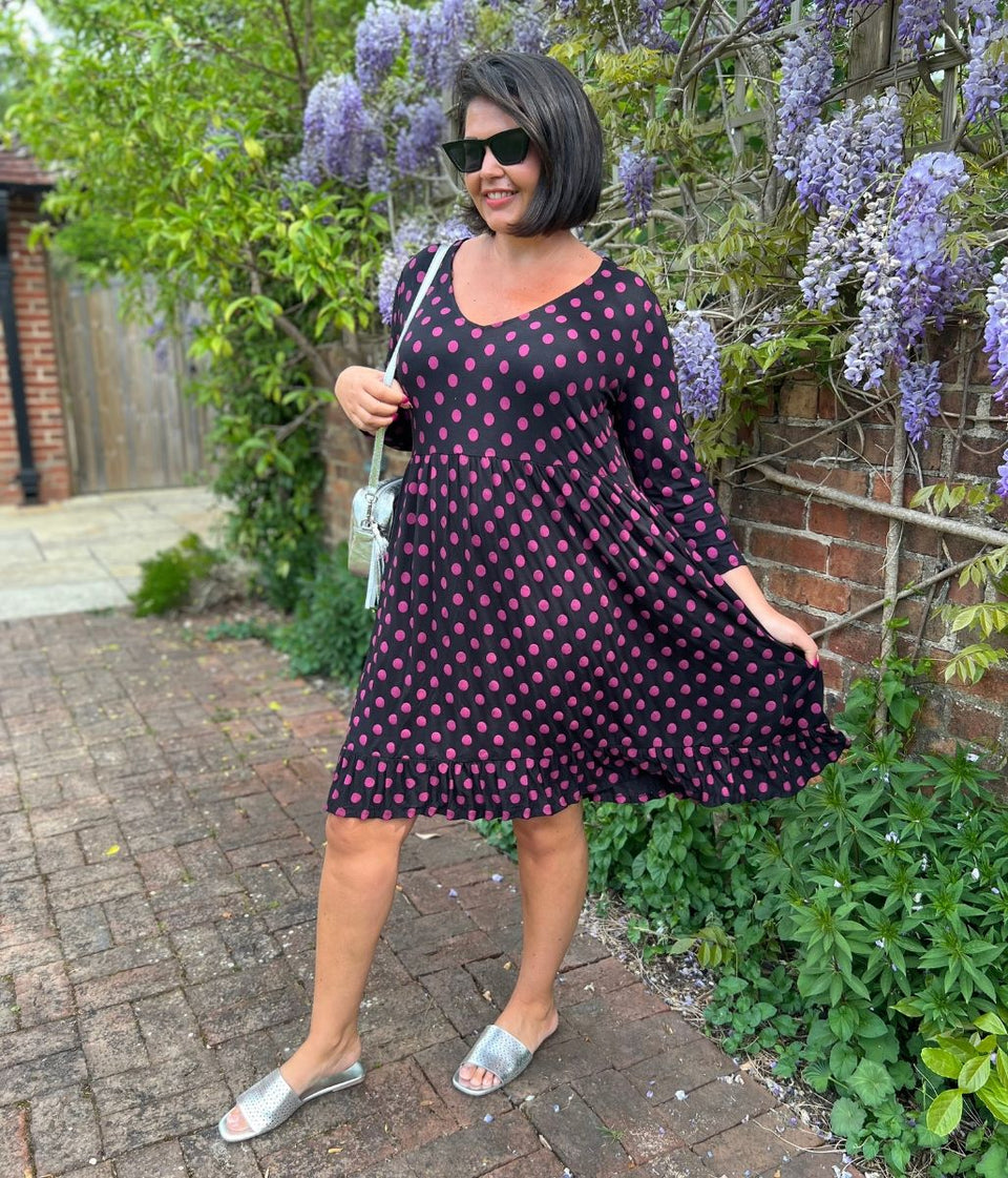 Black Spotted Frill Detail Dress