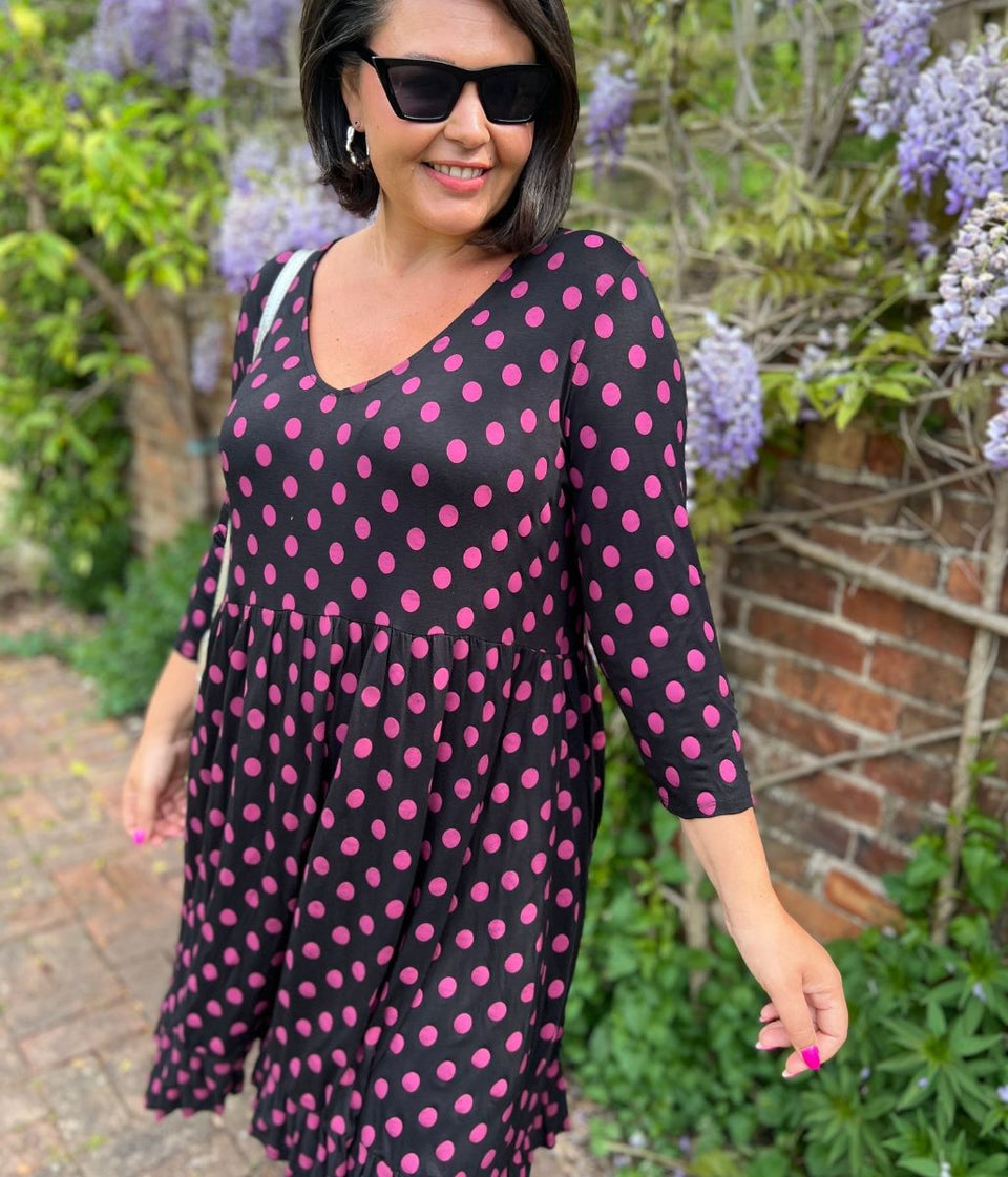 Black Spotted Frill Detail Dress