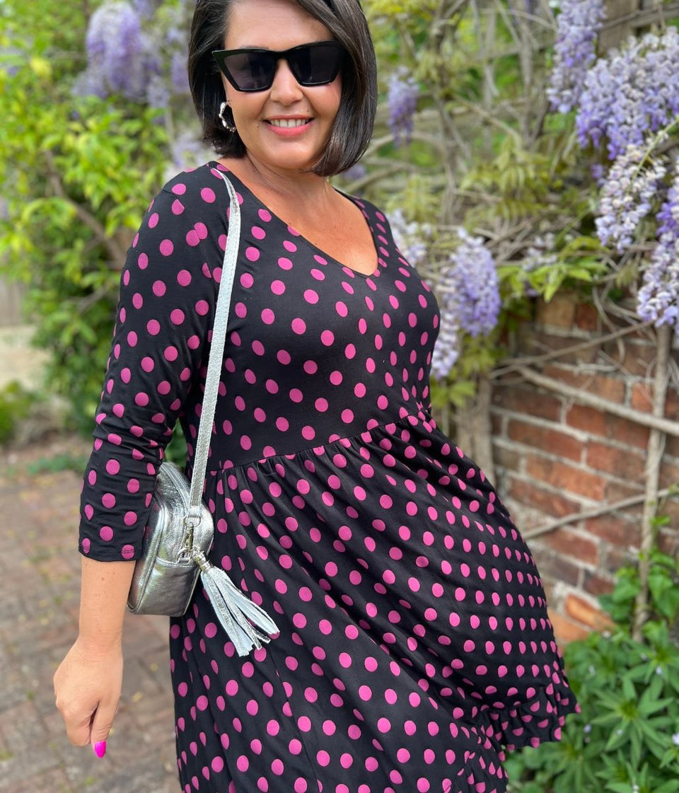 Black Spotted Frill Detail Dress