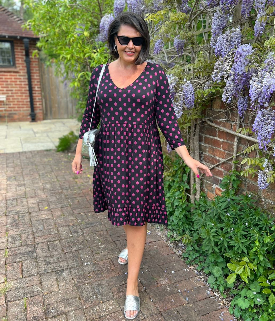 Black Spotted Frill Detail Dress