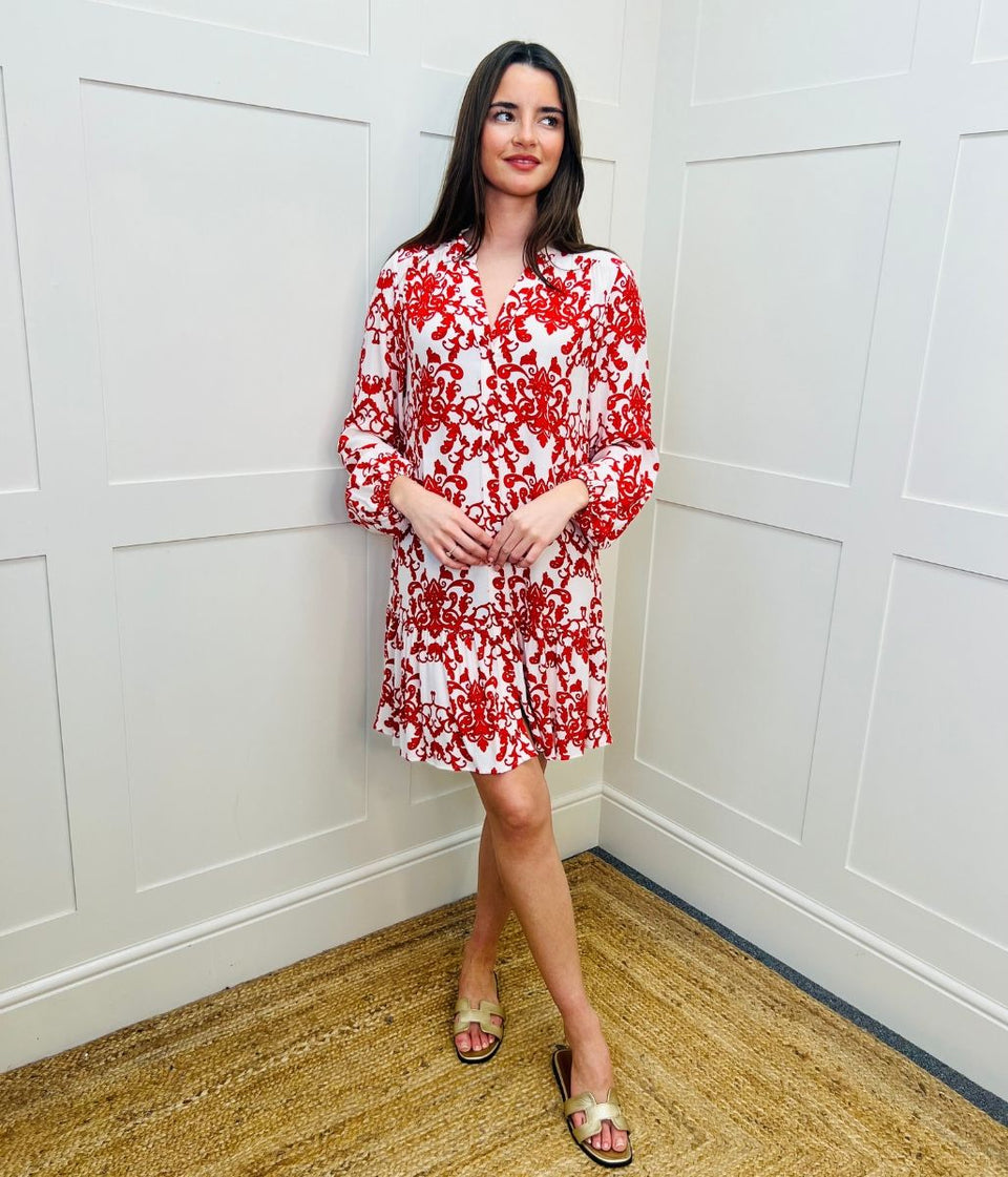 Ivory & Red Baroque Print Dress