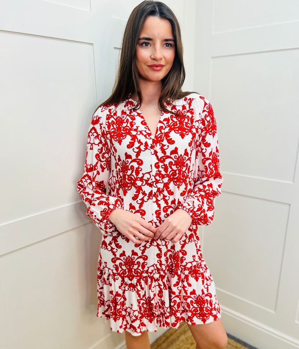 Ivory & Red Baroque Print Dress