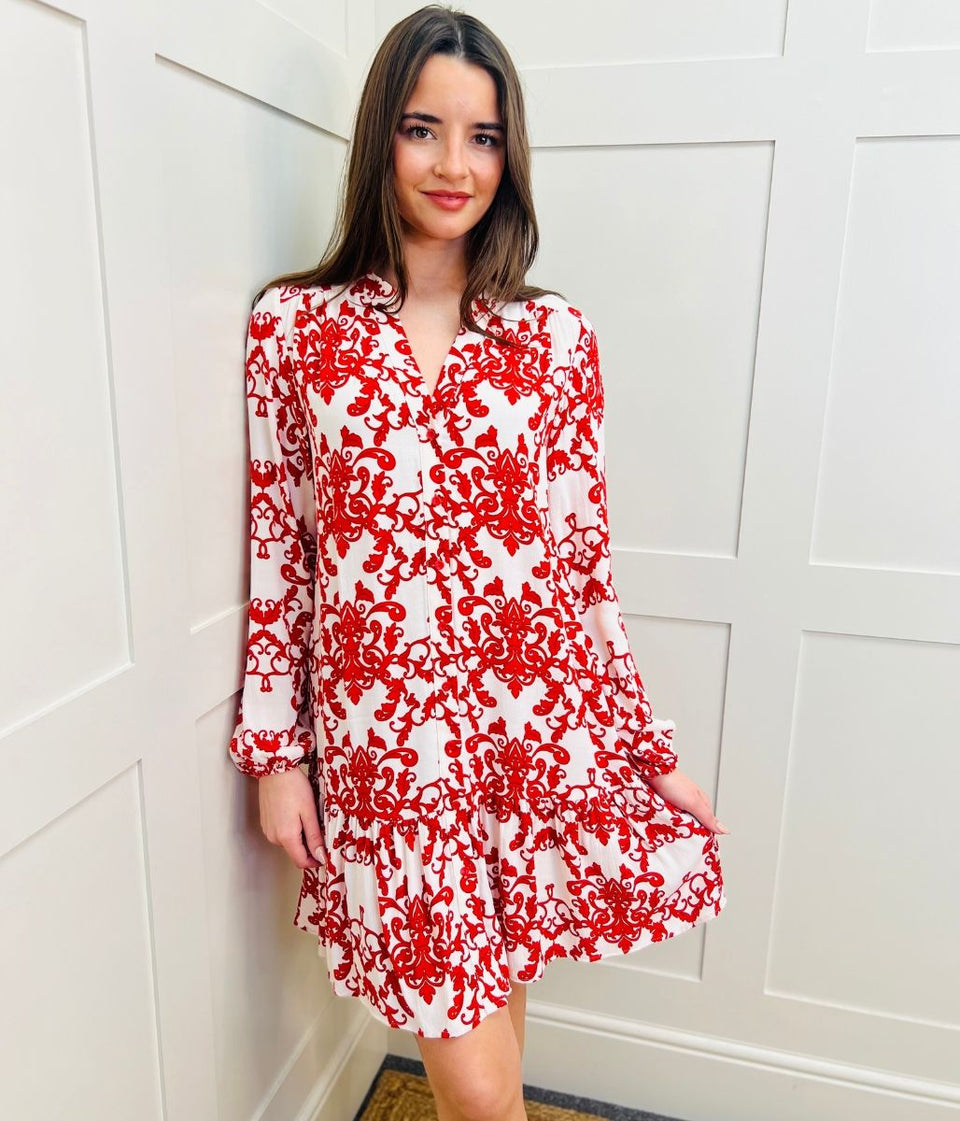 Ivory & Red Baroque Print Dress