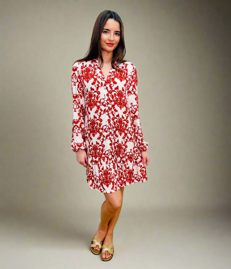 Ivory & Red Baroque Print Dress