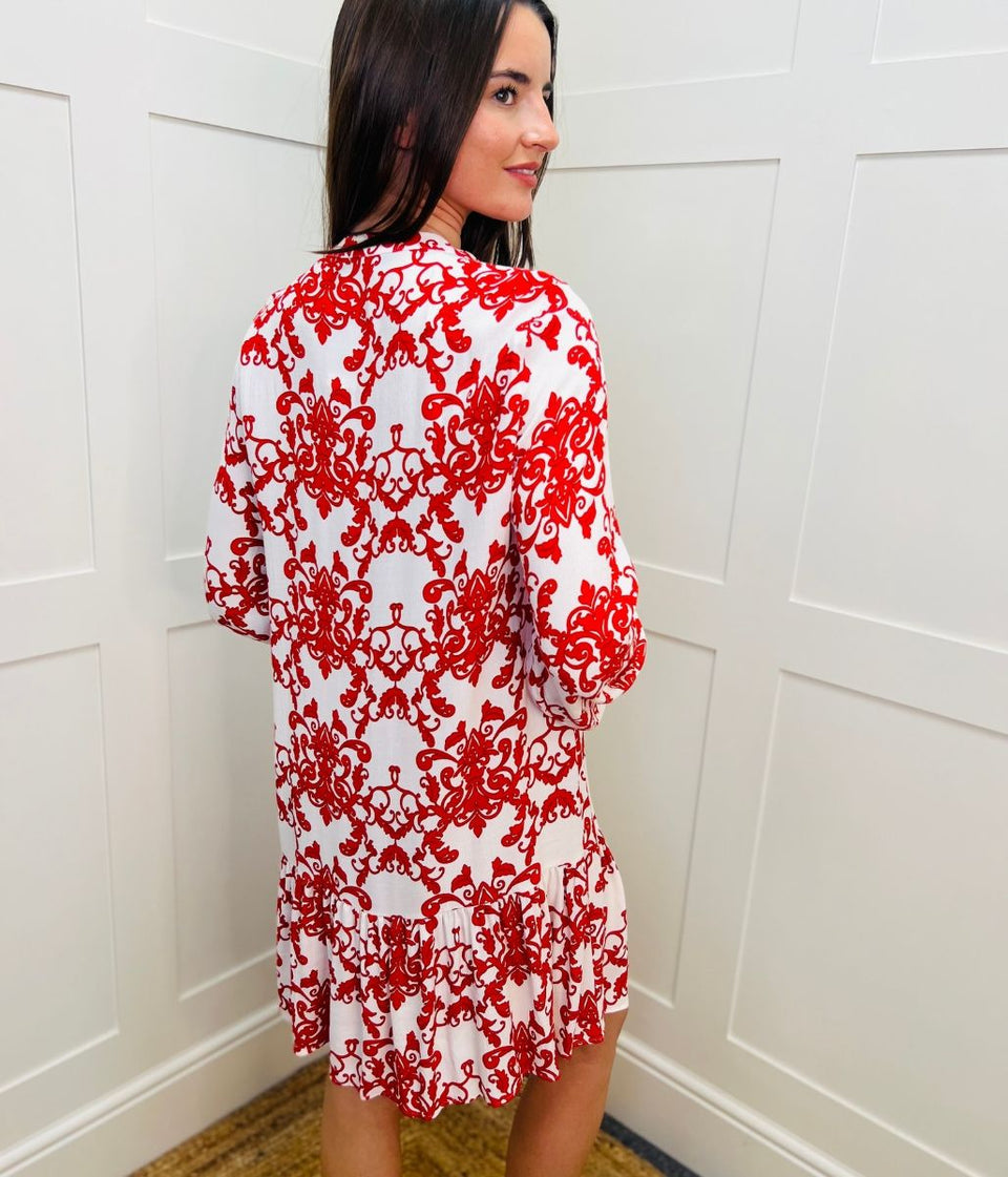 Ivory & Red Baroque Print Dress