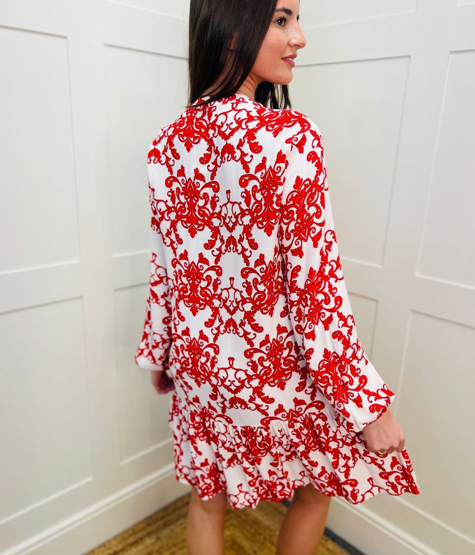 Ivory & Red Baroque Print Dress