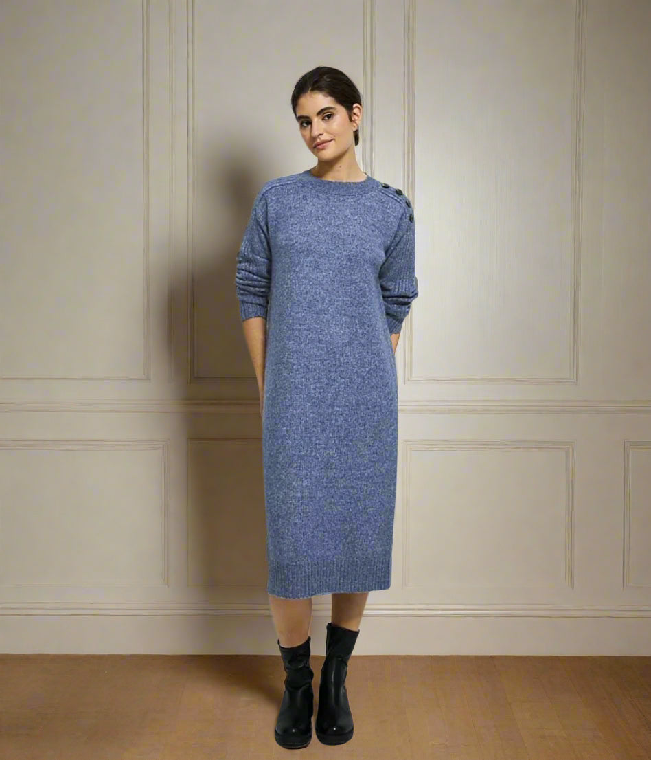 Blue Knitted Button Shoulder Midi Dress