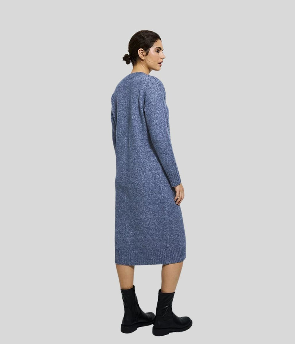 Blue Knitted Button Shoulder Midi Dress