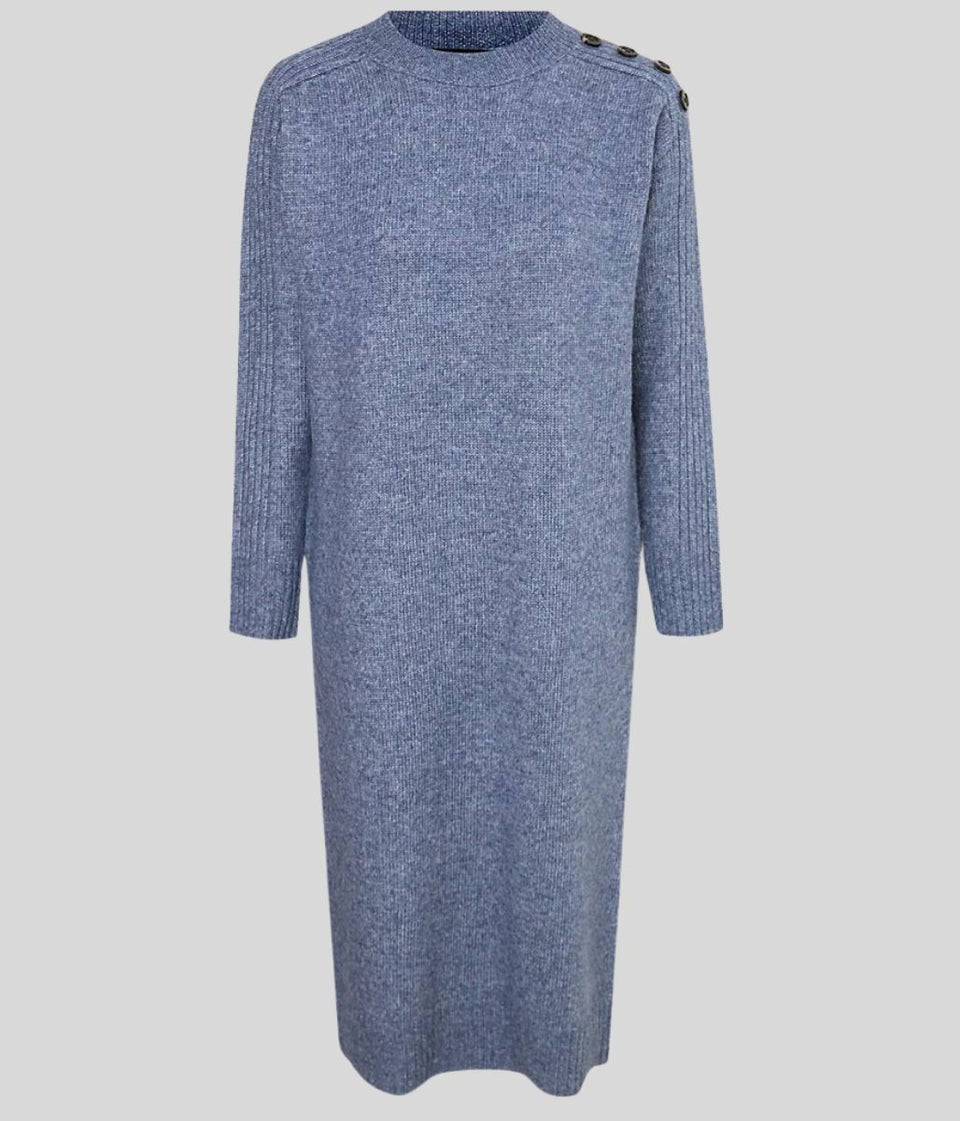 Blue Knitted Button Shoulder Midi Dress