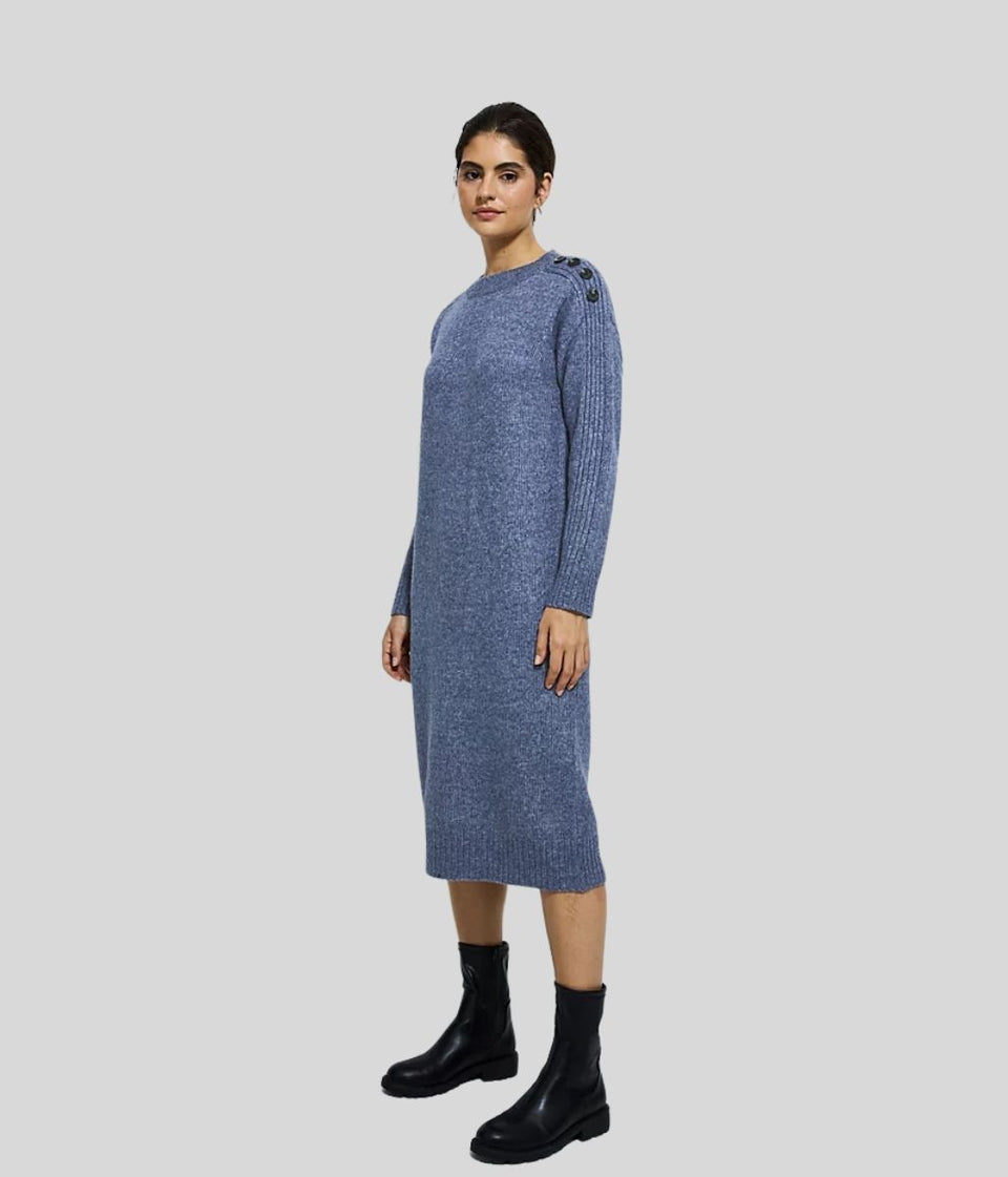 Blue Knitted Button Shoulder Midi Dress