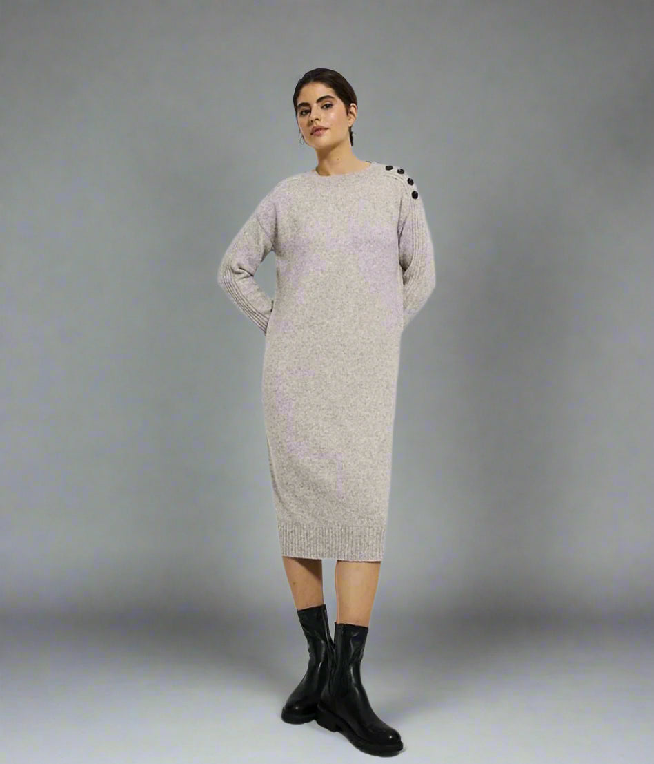 Oatmeal Knitted Button Shoulder Midi Dress