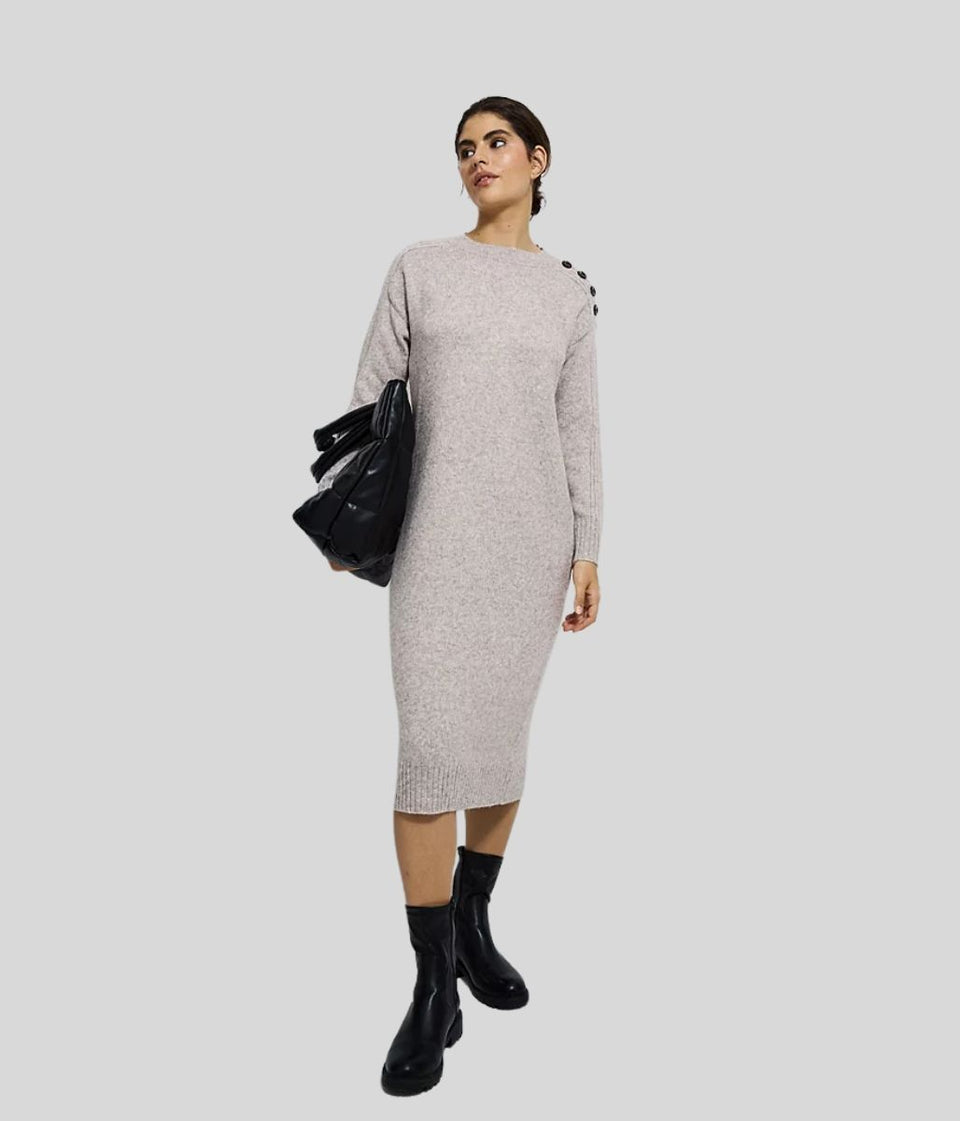 Oatmeal Knitted Button Shoulder Midi Dress