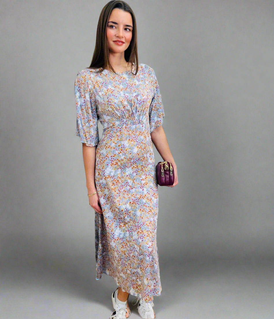 Blue Grey Ditsy Midi Dress