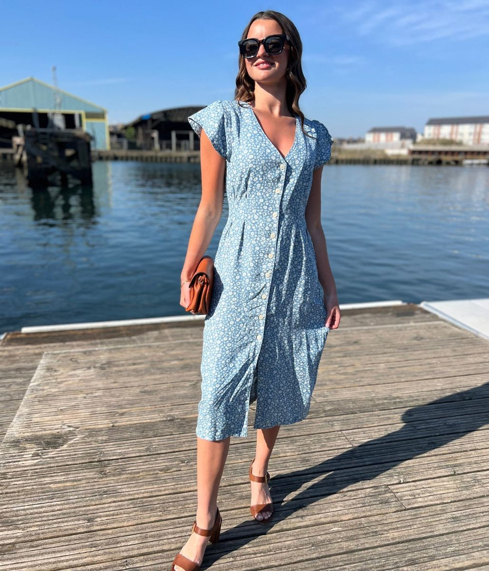 Blue Flower Print Tencel Dress