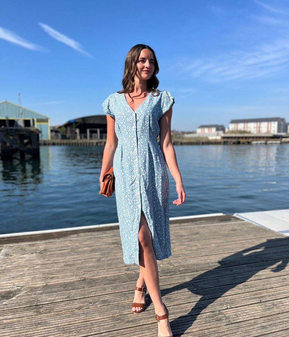 Blue Flower Print Tencel Dress