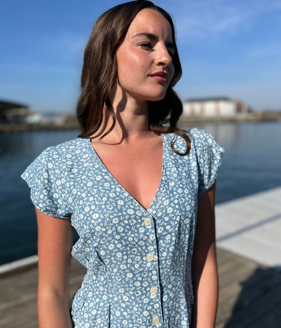Blue Flower Print Tencel Dress