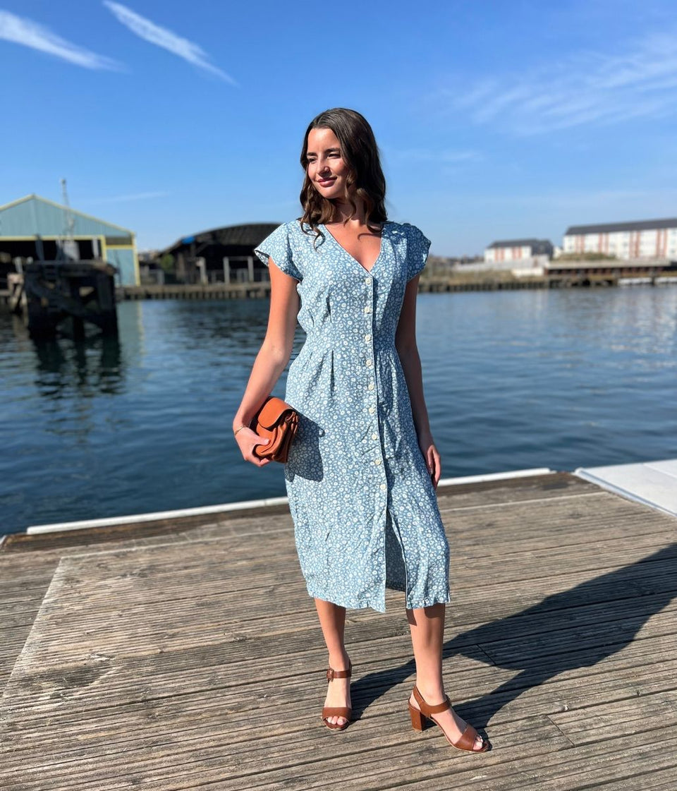 Blue Flower Print Tencel Dress