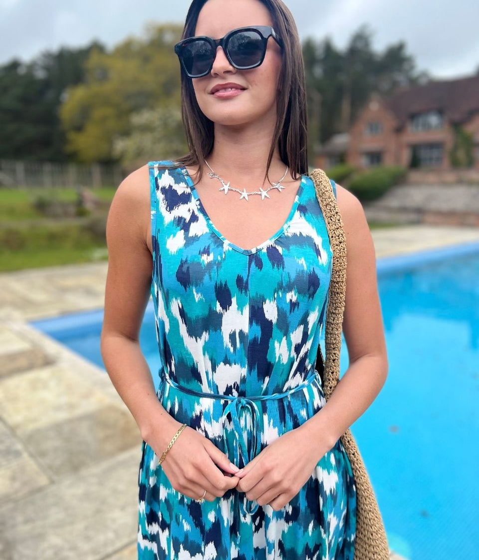 blue summer sundress printed boho beach dress detail