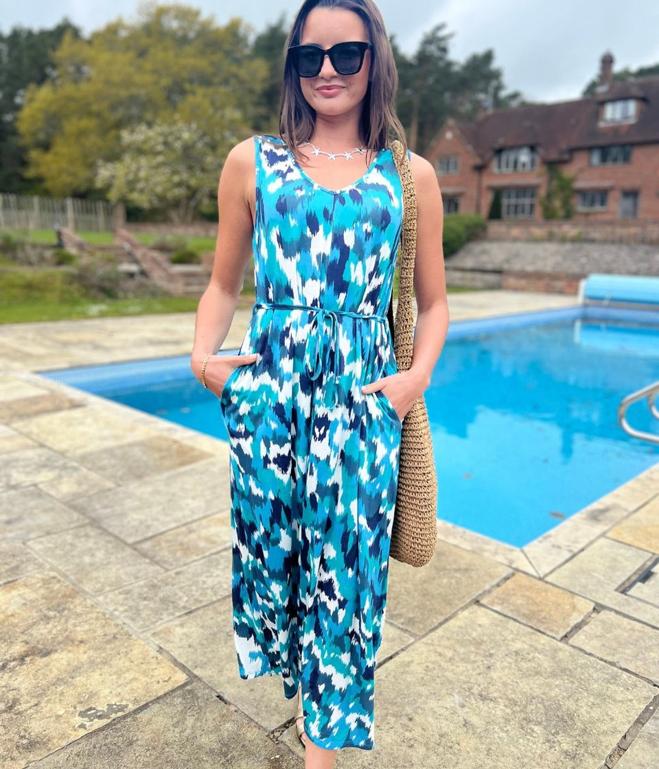 Blue Abstract Sleeveless Jersey Sundress