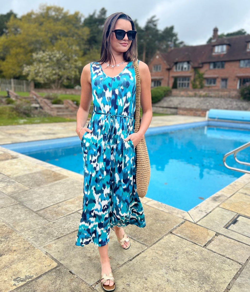 Blue Abstract Sleeveless Jersey Sundress