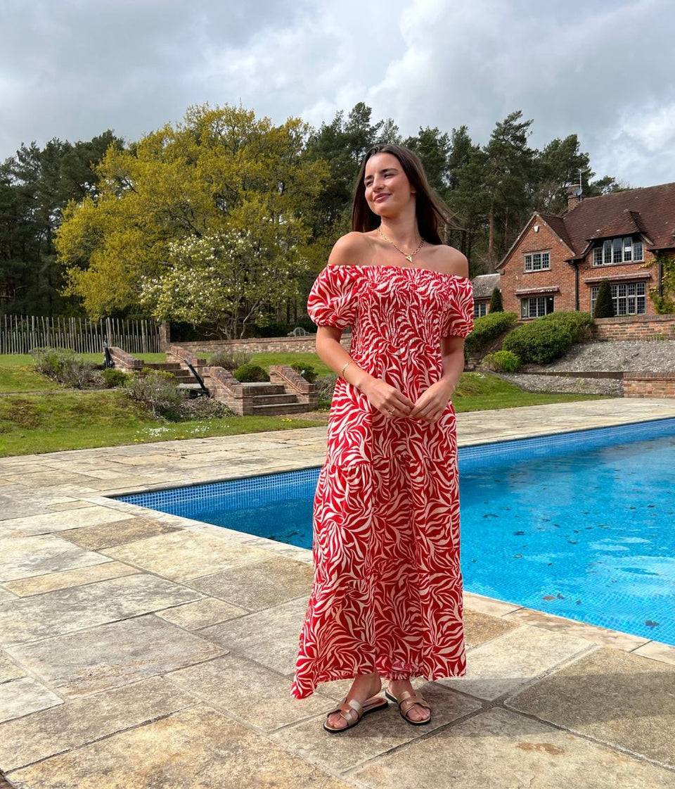 Red Phoebe Leaf Print Shirred Dress