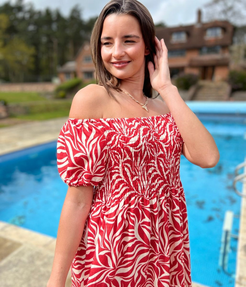 Red Phoebe Leaf Print Shirred Dress