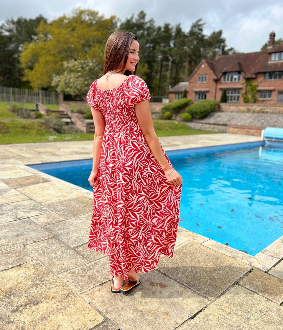 Red Phoebe Leaf Print Shirred Dress